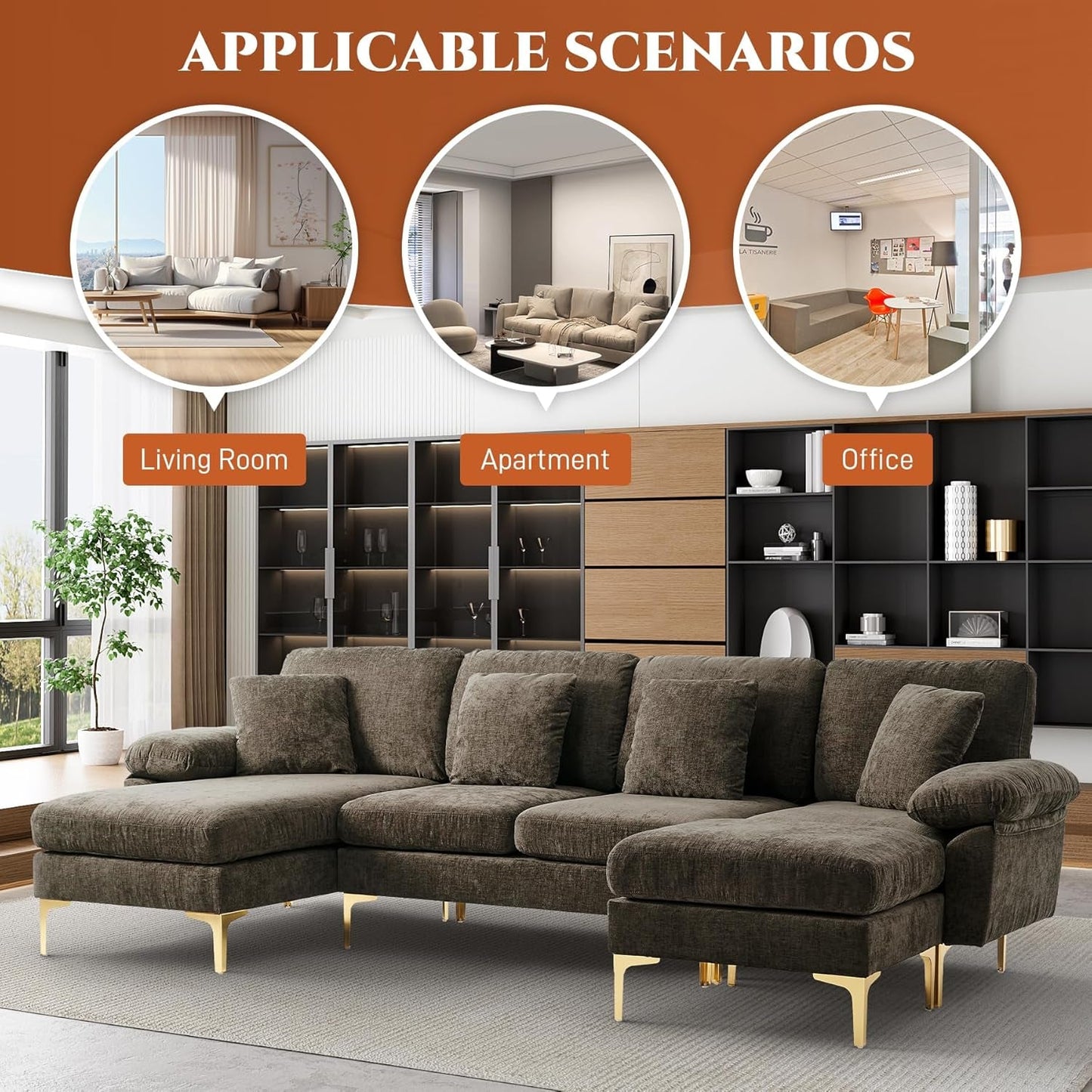 U-Shaped Sectional Sofa Couch, 4 Seat Sofa Set for Living Room, Convertible L-Shaped Chenille Couch Set with Chaise Lounge, Ottoman and Pillows,114 Inches (Brown)-4
