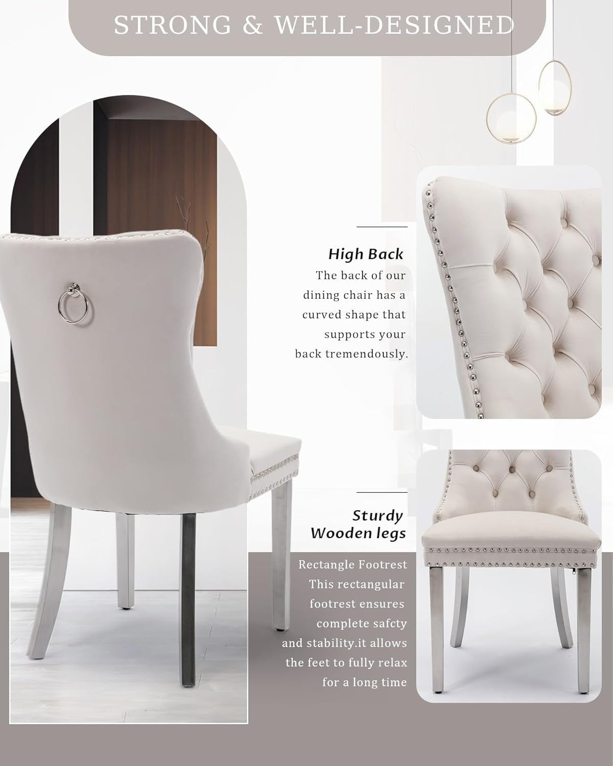 Velvet Dining Chair Set of 2 Upholstered Tufted Dining Room Chair with Nailhead Trim and Stainless Steel Silver Plated Legs for Kitchen, Restaurant, Beige-3