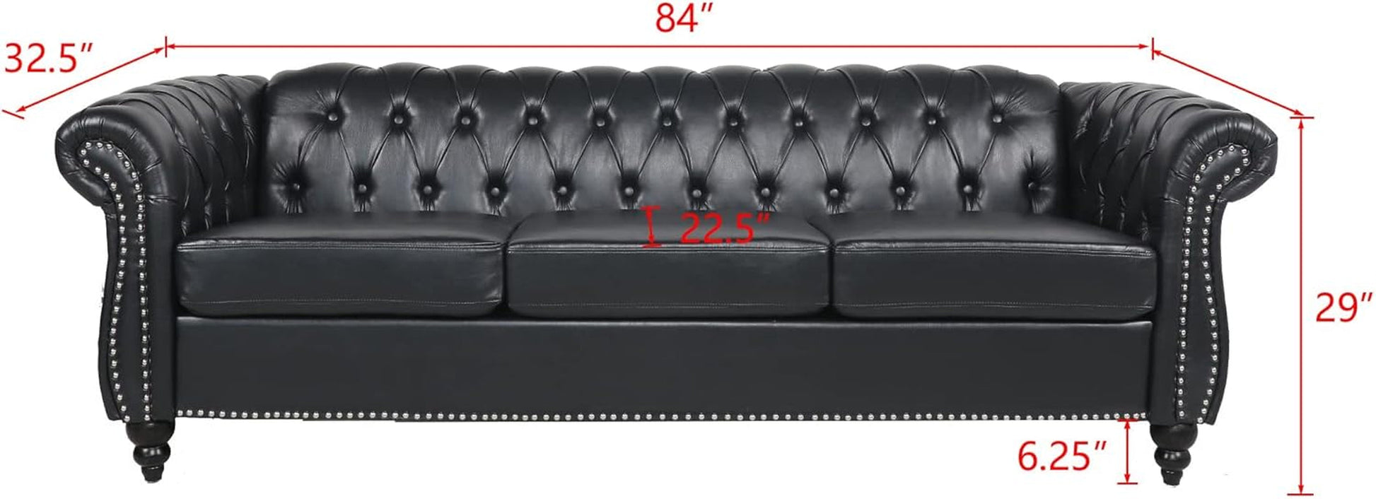 Modern 3 Seater PU Chesterfield Sofa, Upholstered Tufted Button Leather Chesterfield Couch, Classic Faux Leather Settee with Nailhead Trim Scroll Arms for Living Room Bedroom(Black)-1