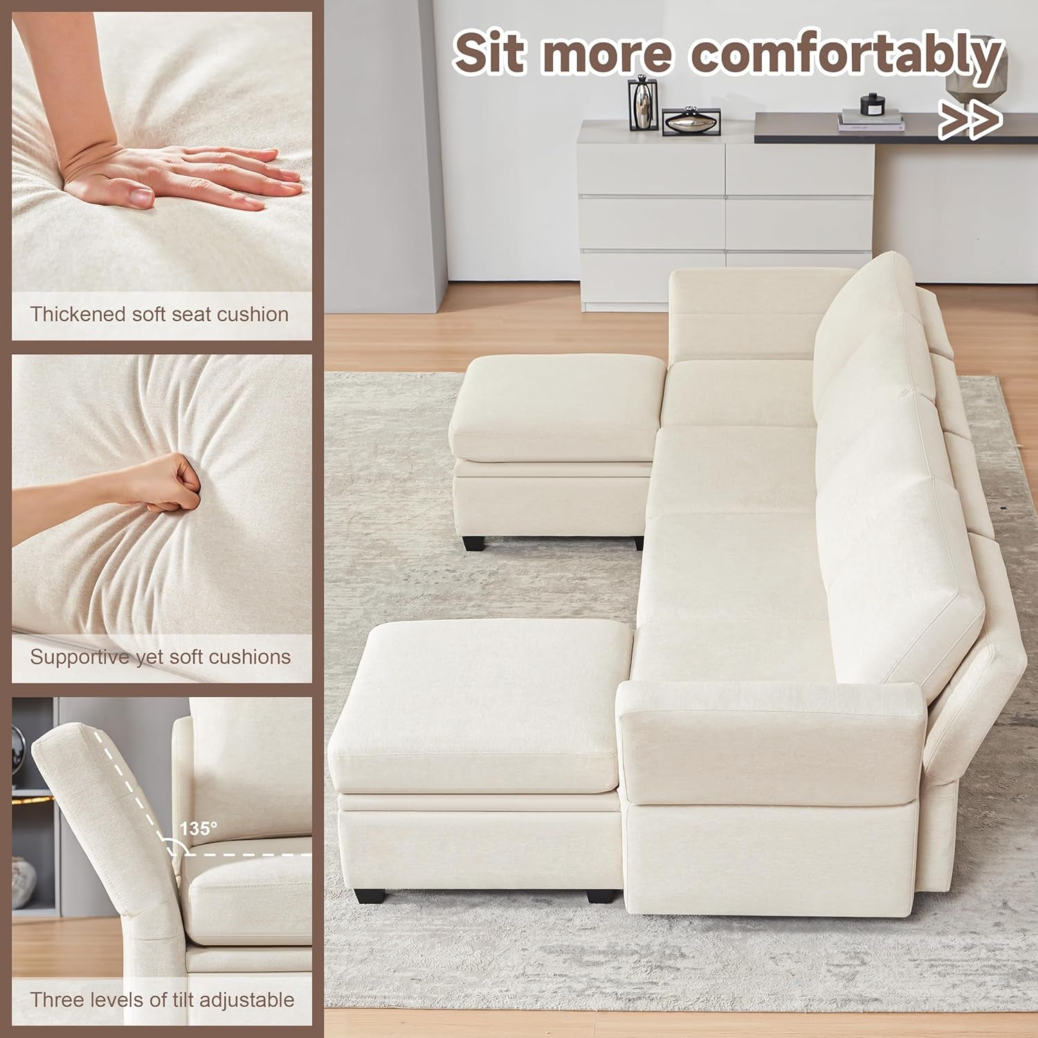 Modular Sectional Sofa with Storage, U Shaped Sectional Couch for Living Room, Convertible Modular Sofa Couch with Ottomans, High Supportive & Soft Sponge, 6 Seat, Beige-2