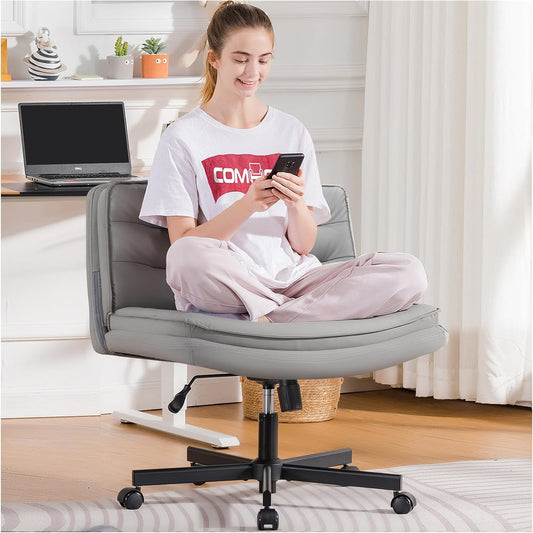 Criss Cross Chair with Wheels, Armless Wide Cross Legged Office Chair Mid Back, Modern Home Office Desk Chair Swivel Adjustable Vanity Computer Chair, Gray-0