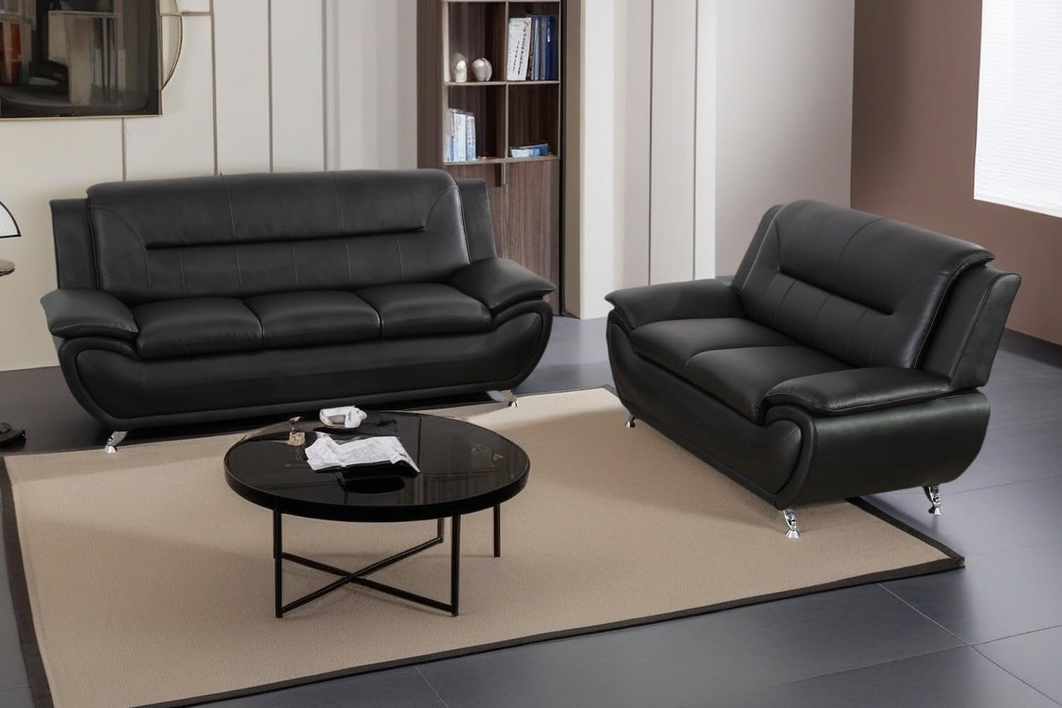Sectional Sofa Sets, Living Room Furniture Sets Modern Faux Leather Sofa Couch 5-Seat Sofa for Living Room(A-Black, Sofa+Loveseat)-0