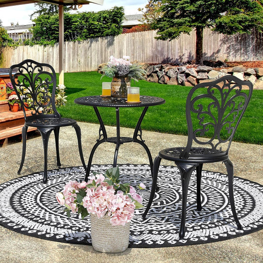 3 Piece Bistro Set Outdoor, All Weather Cast Aluminum Patio Bistro Sets Patio Table and Chairs Set of 2 with Umbrella Hole for Yard, Balcony, Black, Butterfly Backrest-1