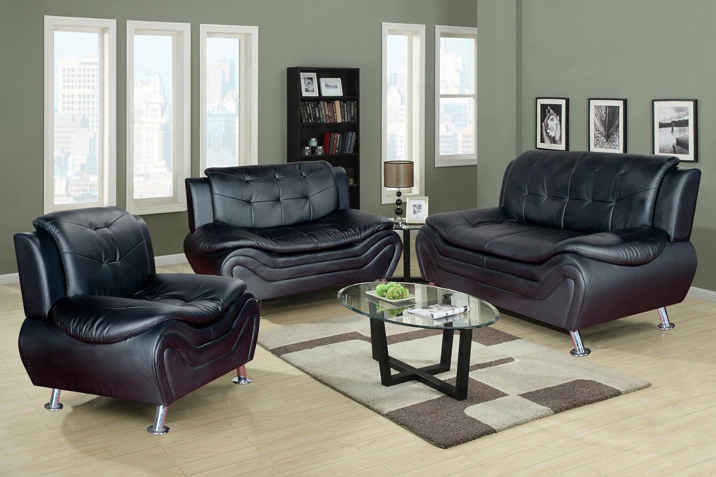 3 Piece Aldo Modern Sofa Set, BLACK-0