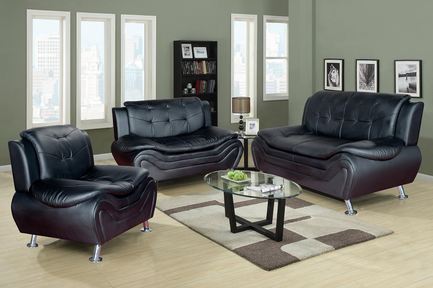 3 Piece Aldo Modern Sofa Set, BLACK-0