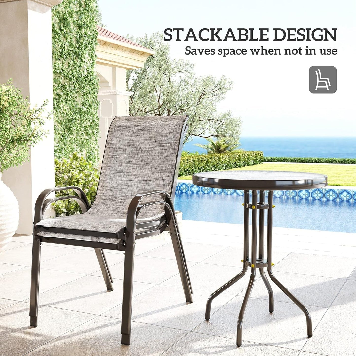 3 Pieces Outdoor Bistro Set, Small Patio Set with Stackable Mesh Chairs and Glass Top Table, High Back Patio Furniture Set for Backyard, Balcony, Garden, Gray-3
