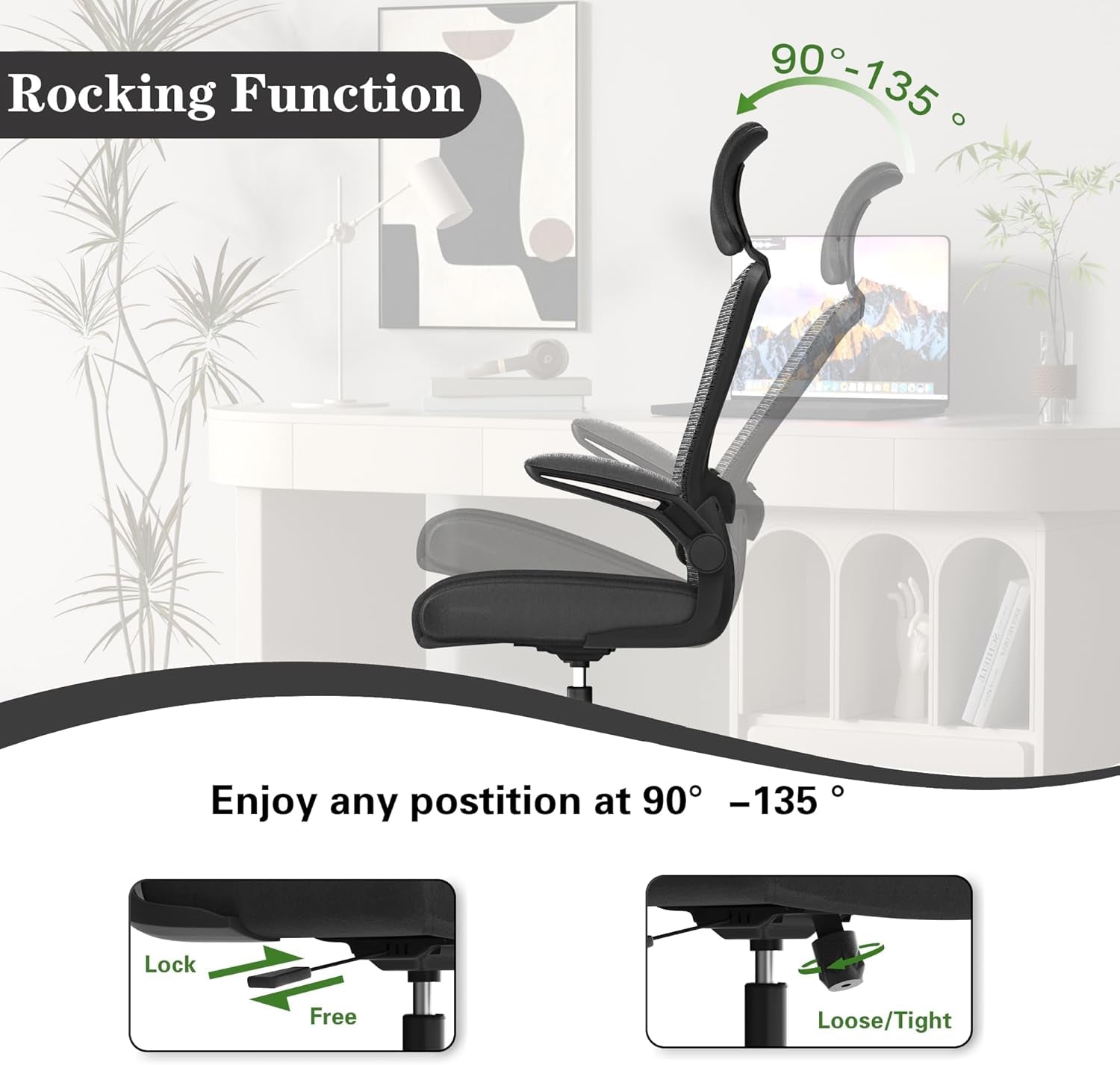 Ergonomic Mesh Home Office Chair | High Back Computer Desk Chair with Adjustable Lumbar Support & Headrest | Swivel Task Chair with Flip-Up Armrests for Home & Office (English, Dark Black)-2