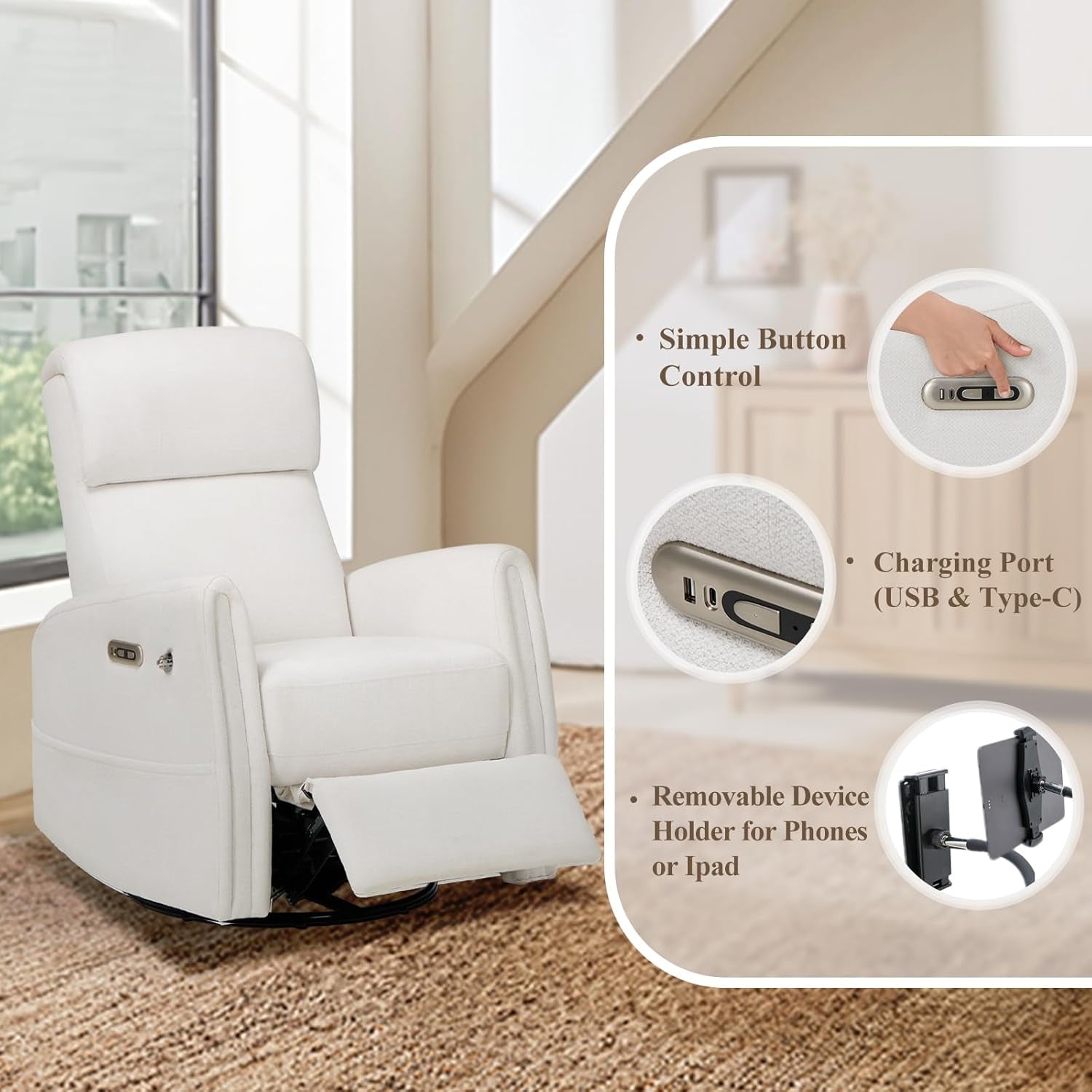 Power Recliner Chairs Swivel Glider Rocker for Nursery, Upholstered Fabric Living Room Rocking Reclining Single Sofa Chair with 2 Device Holders, White, Set of 2-4