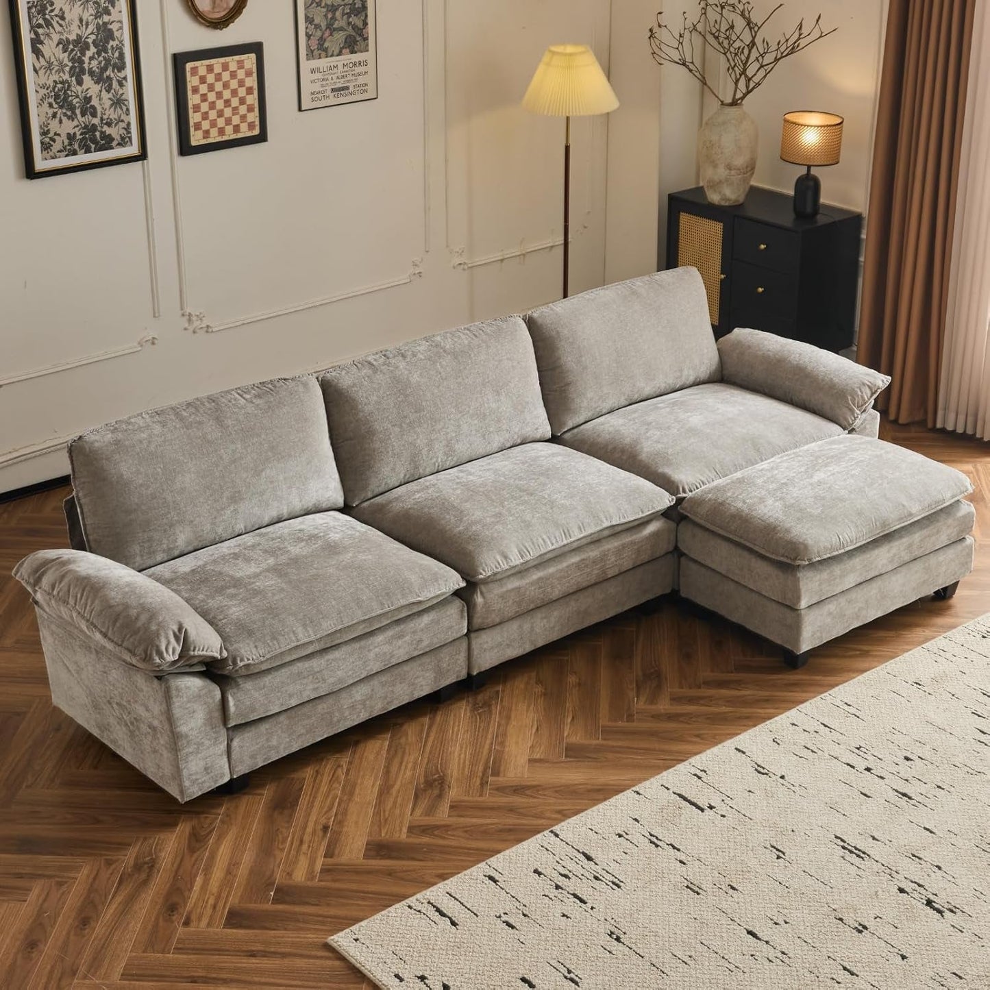 Sectional Sofa Modular Deep Seat Sofa Couch with Ottoman, Chenille Sofa Sleeper Comfy Upholstered Furniture for Living Room, Apartment, Studio, Office, (3-Seat & 1-Ottoman, Light Gray)-0