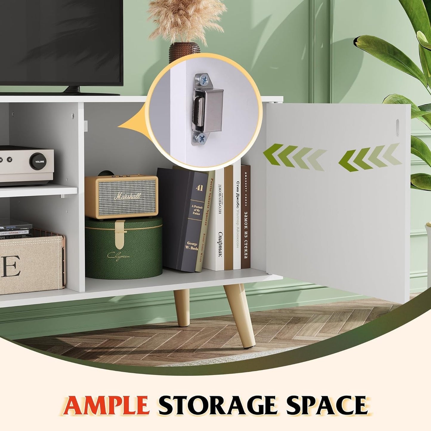 TV Stand for 55 Inch Tvs, Entertainment Center with Storage Cabinet, Mid-Century TV Stands for Living Room and Bedroom, 50" TV Console, White-3