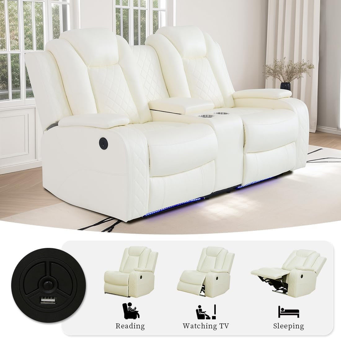 Living Room Set Leather Sofa Power Recliner Living Room Furniture Set Power Manual Loveseat with Cup Holders/Storage Console/Led Light for Living Room/Apartment(Creamy White, Loveseat)-4