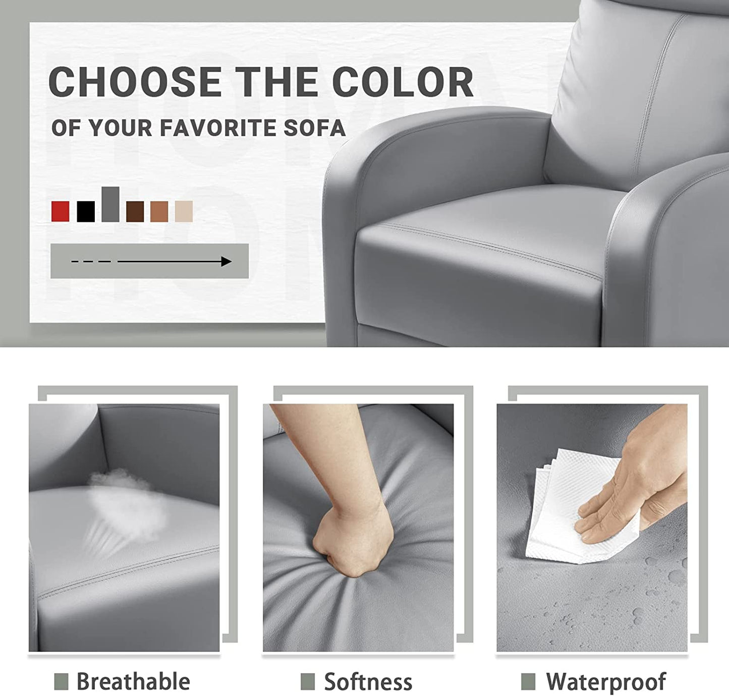 Padded Leather Recliner Club Chair (Gray)-4