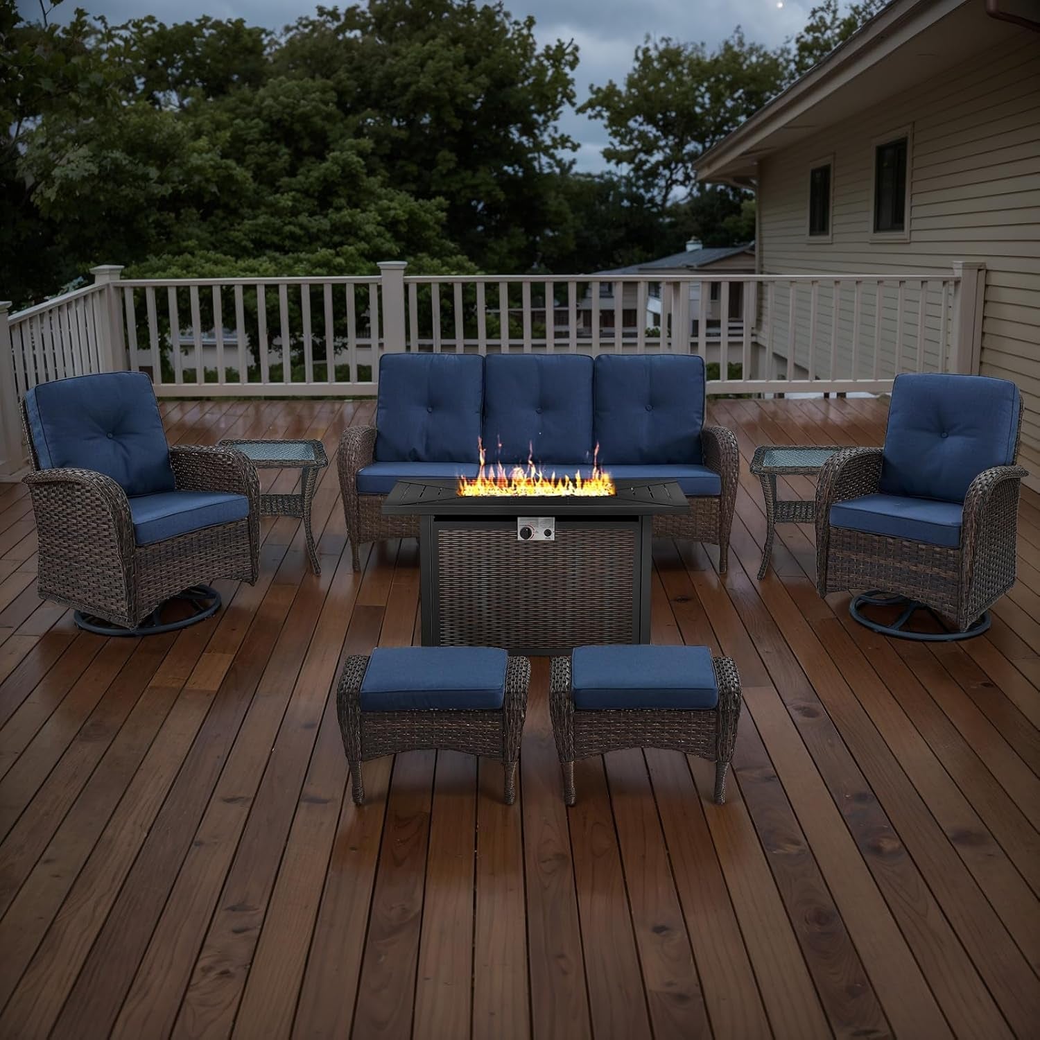 8 Piece Patio Furniture Set with 50000 BTU Propane Fire Pit Table, Outdoor Conversation Set with 2 Swivel Rocker Chairs Wicker Sofa and Ottomans for Casual Gatherings-1