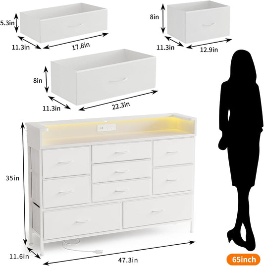 White LED Dresser with 9 Drawers and Charging Station-1