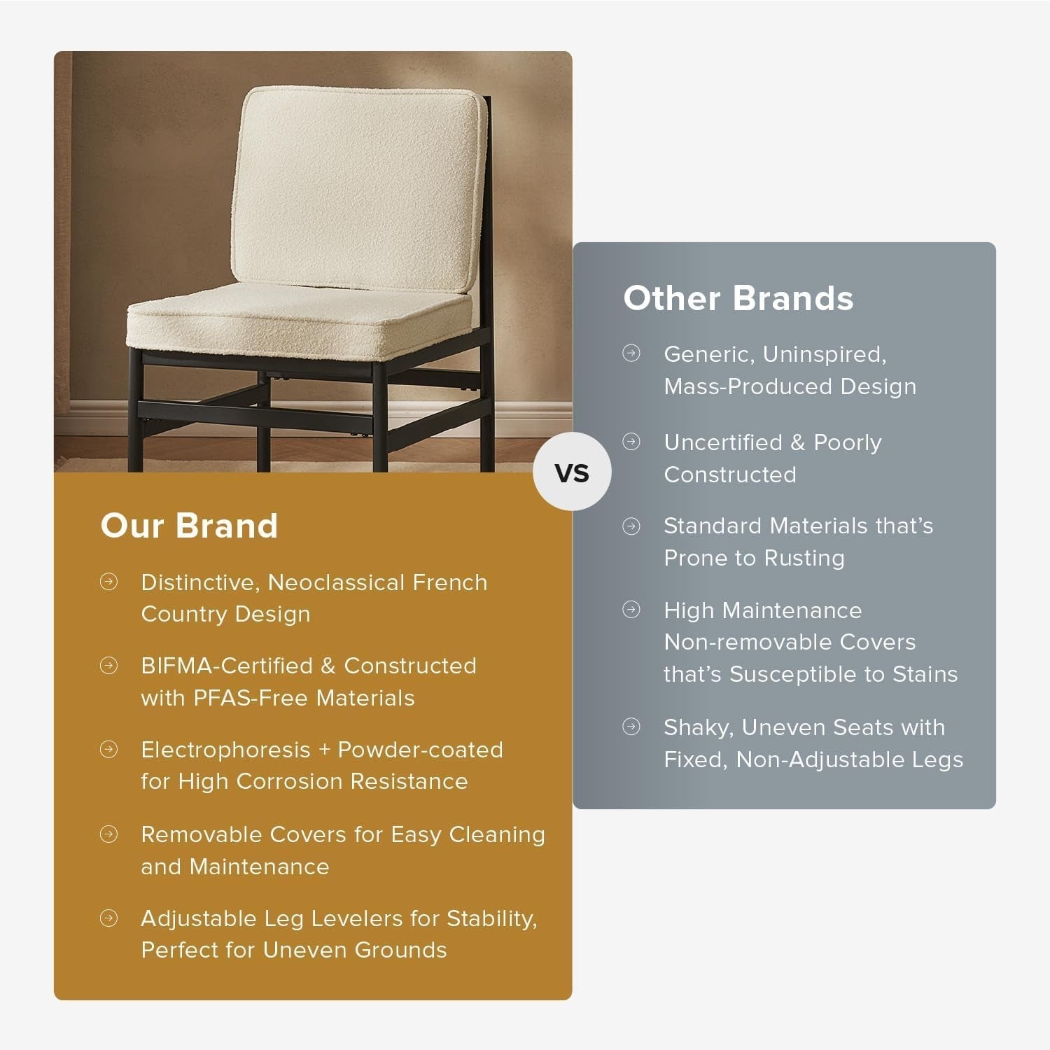 Odelia Dining Chairs, Kitchen Chairs, Dining Room Chairs, Black Dining Chairs, Sturdy Bifma-Certified Rust-Free Metal Frame and Removable Cushion Covers (2, Pearl White Boucle, One Size)-4