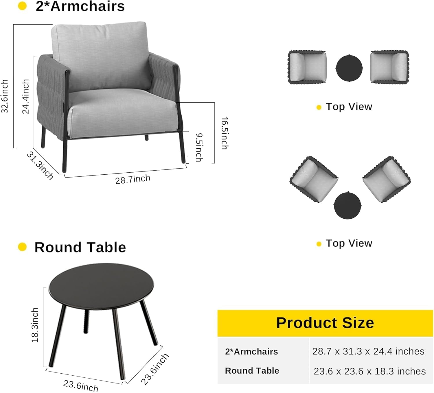3 Pieces Patio Furniture Set, Armchairs with Coffee Table, Outdoor Furniture Set with Cushion, Modern Outdoor Furniture Deep Seating for Outdoor Garden Porch, Earth Black & Misty Grey-1