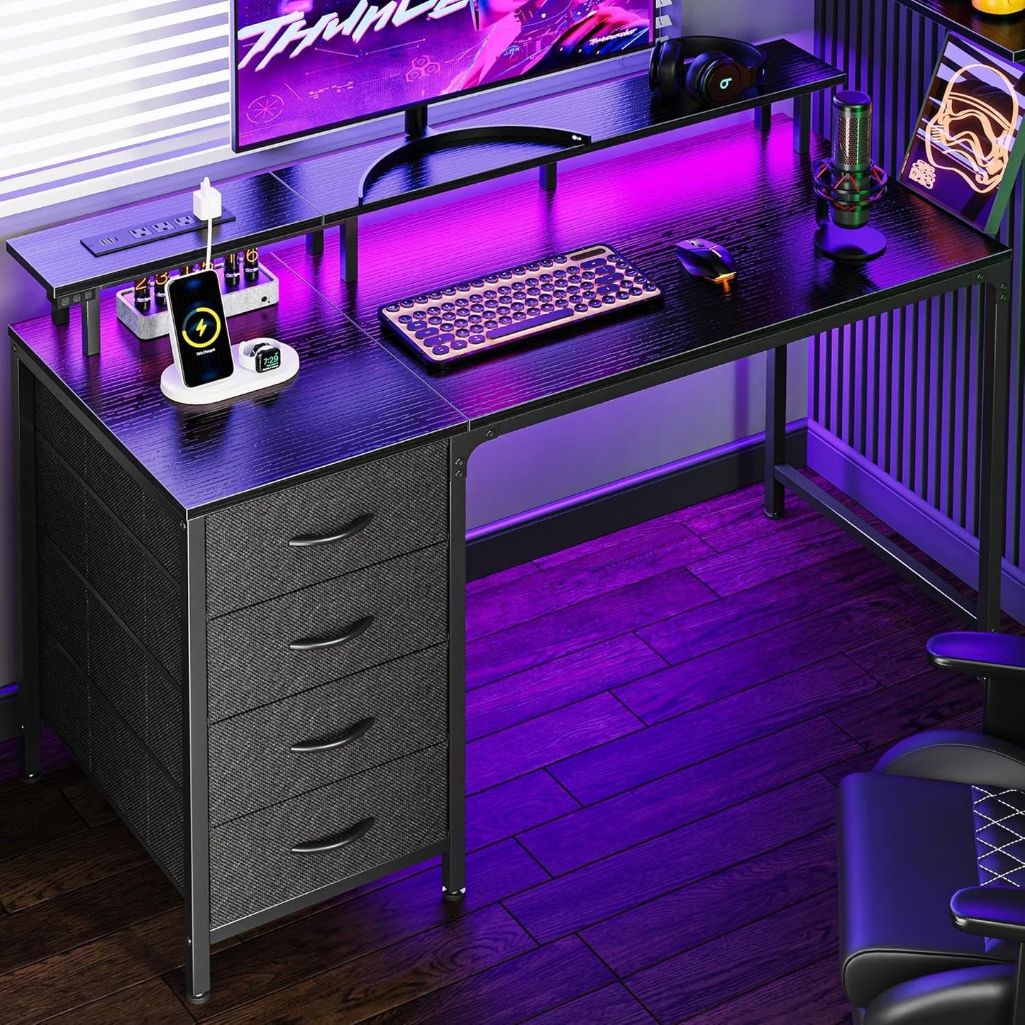 47 Inch Computer Desk with Power Outlets and LED Lights, Gaming Desk with 4 Drawers, Office Desk with Monitor Stand, Study Desk Work Desk for Home Office, Small Spaces, Black-0