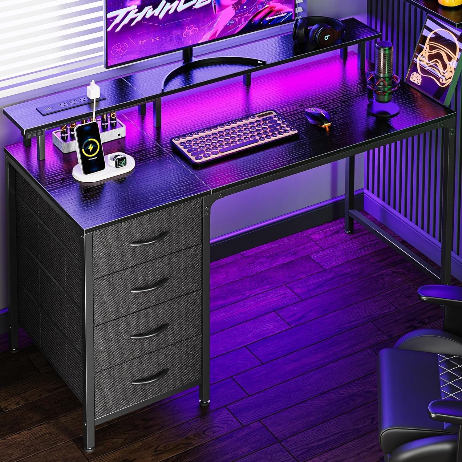 47 Inch Computer Desk with Power Outlets and LED Lights, Gaming Desk with 4 Drawers, Office Desk with Monitor Stand, Study Desk Work Desk for Home Office, Small Spaces, Black-0