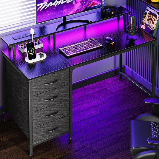 47 Inch Computer Desk with Power Outlets and LED Lights, Gaming Desk with 4 Drawers, Office Desk with Monitor Stand, Study Desk Work Desk for Home Office, Small Spaces, Black-0