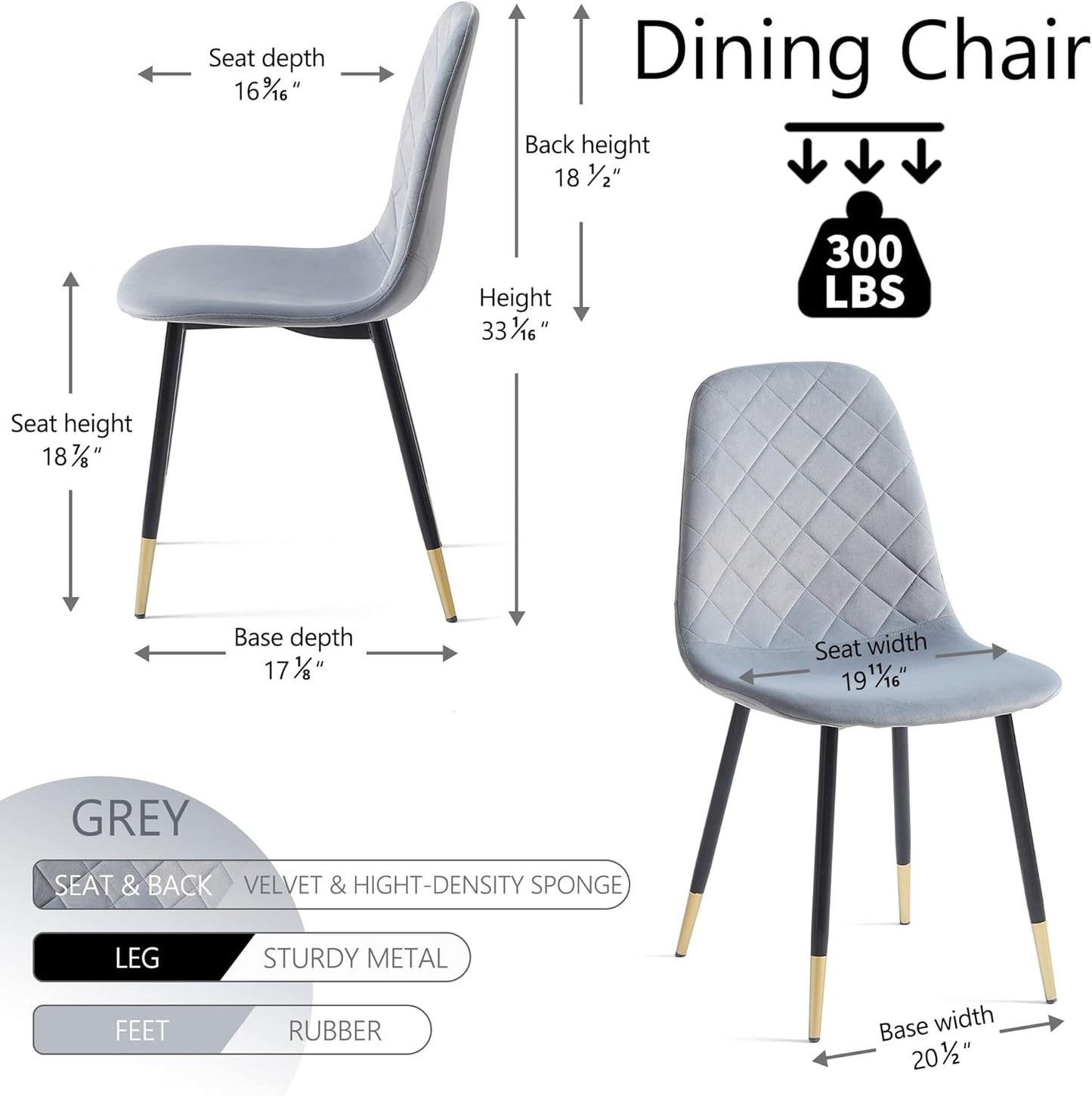 Velvet Dining Chairs Kitchen Plain Color Chair Upholstered Side Stools with Backrest Metal Legs Set of 4, Grey-1