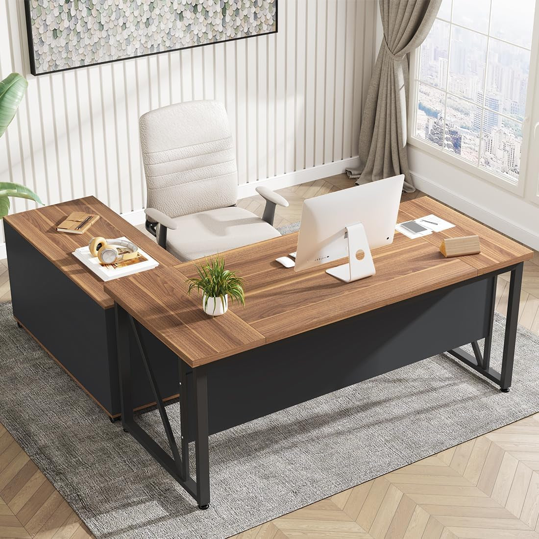 63 Inches Executive Desk and 47" Lateral File Cabinet, L-Shaped Computer Desk Home Office Business Furniture with Drawers and Storage Shelves, Office Table,Brown and Black-2