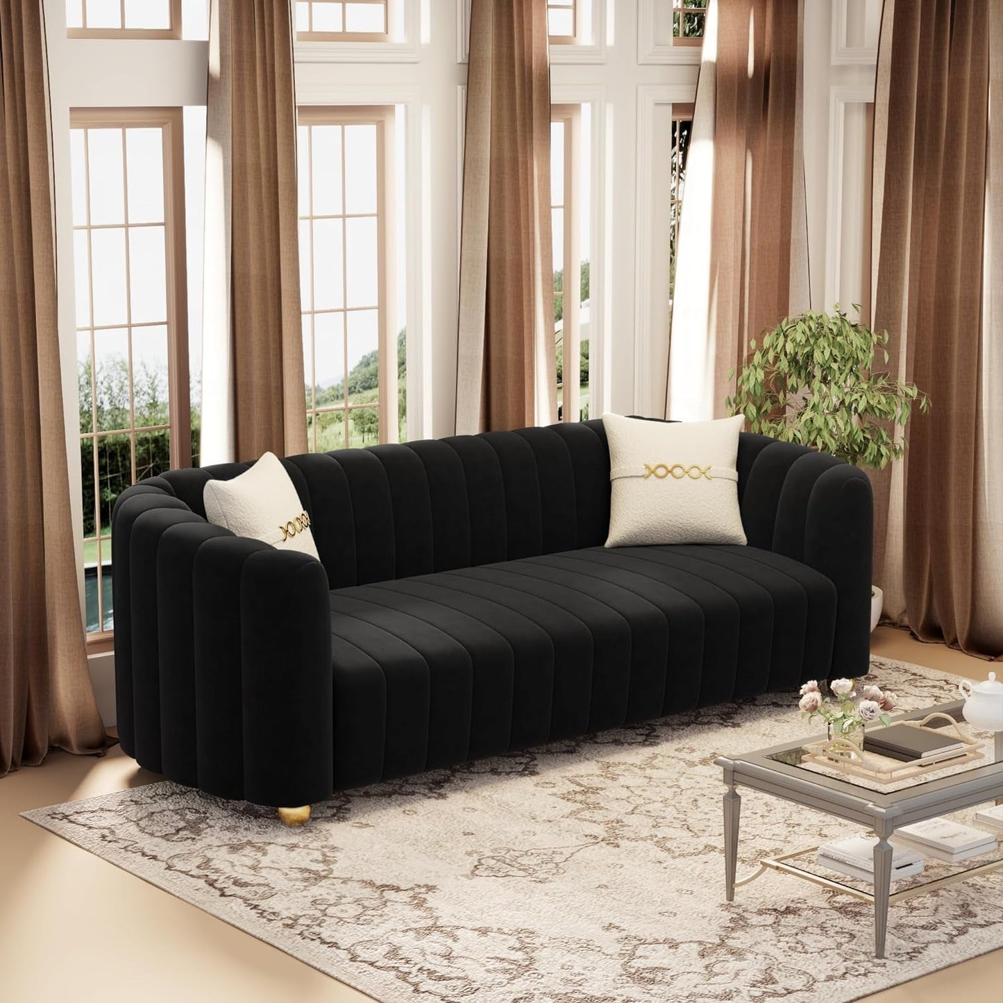 KEAI Black Velvet Tufted Sofa Set for Living Room, 3 Piece Modern Design Couch Set with Gold Metal Ball Legs, Lovely Upholstered Sherpa Furniture Set for Office (Black, 1+1+3 Set)-2