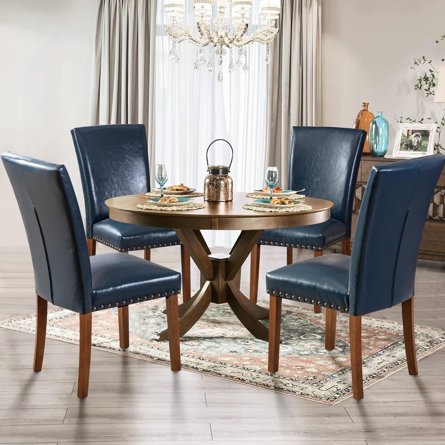 Parsons Dining Chairs Set of 4, Upholstered Nailhead PU Leather Dining Room Kitchen Side Chair with Thick Cushions and Wood Legs, Blue-1