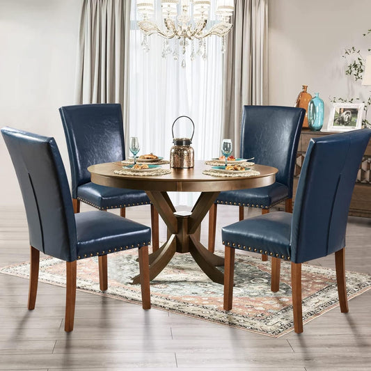 Parsons Dining Chairs Set of 4, Upholstered Nailhead PU Leather Dining Room Kitchen Side Chair with Thick Cushions and Wood Legs, Blue-1