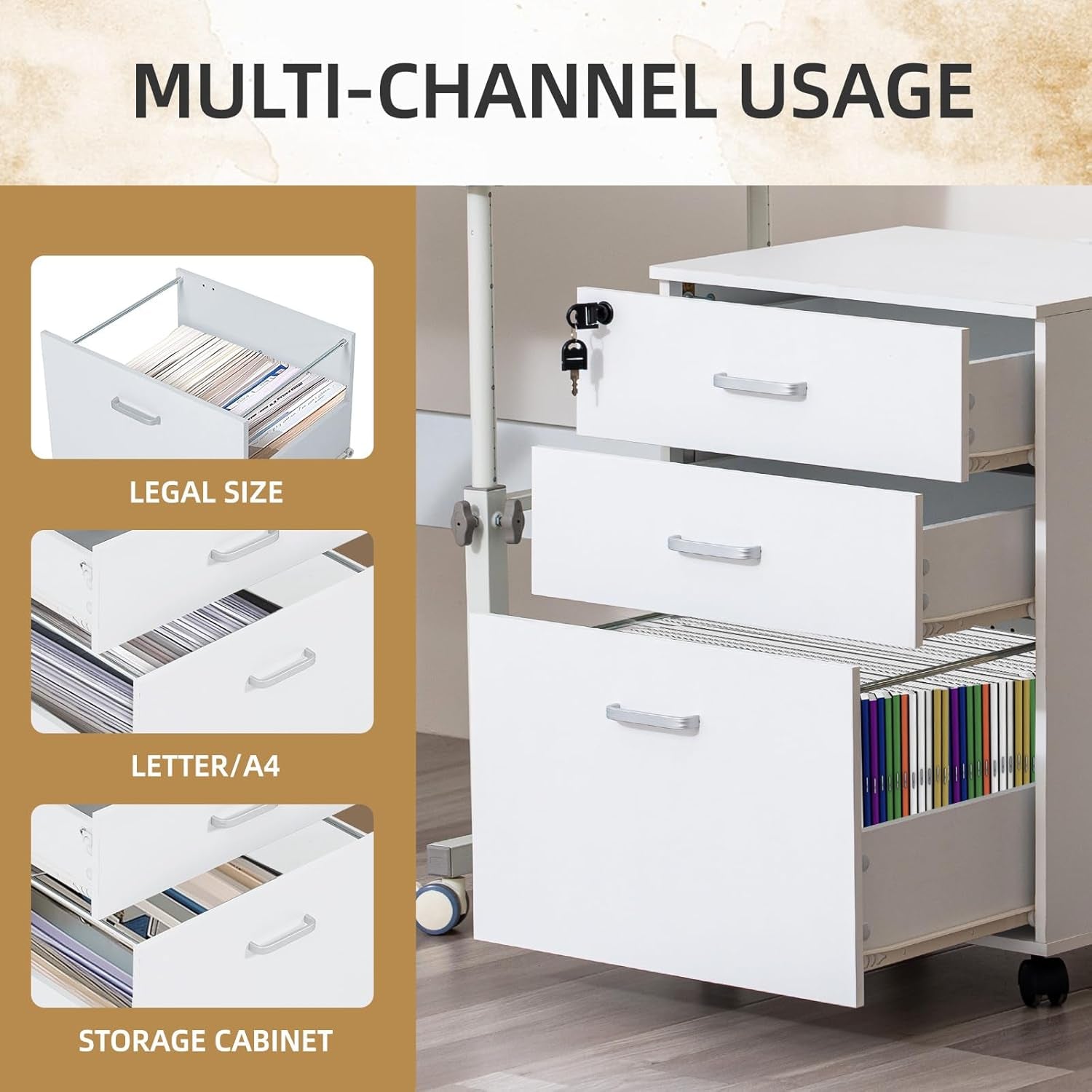 3 Drawer Mobile File Cabinet, Rolling Vertical Filing Cabinet Fits A4, Legal Paper and Letter Paper for Home Office, White with Lock-3