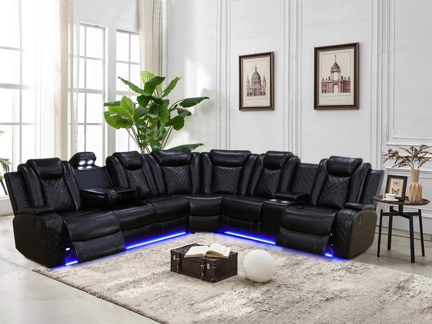 Living Room Furniture Set Black Leather Sofa Living Room Set Power Recliner Adjustable Sofa,Loveseat and Chair with Cup Holders/Storage Console/Led Light/Ups Port for Living Room, Office-0