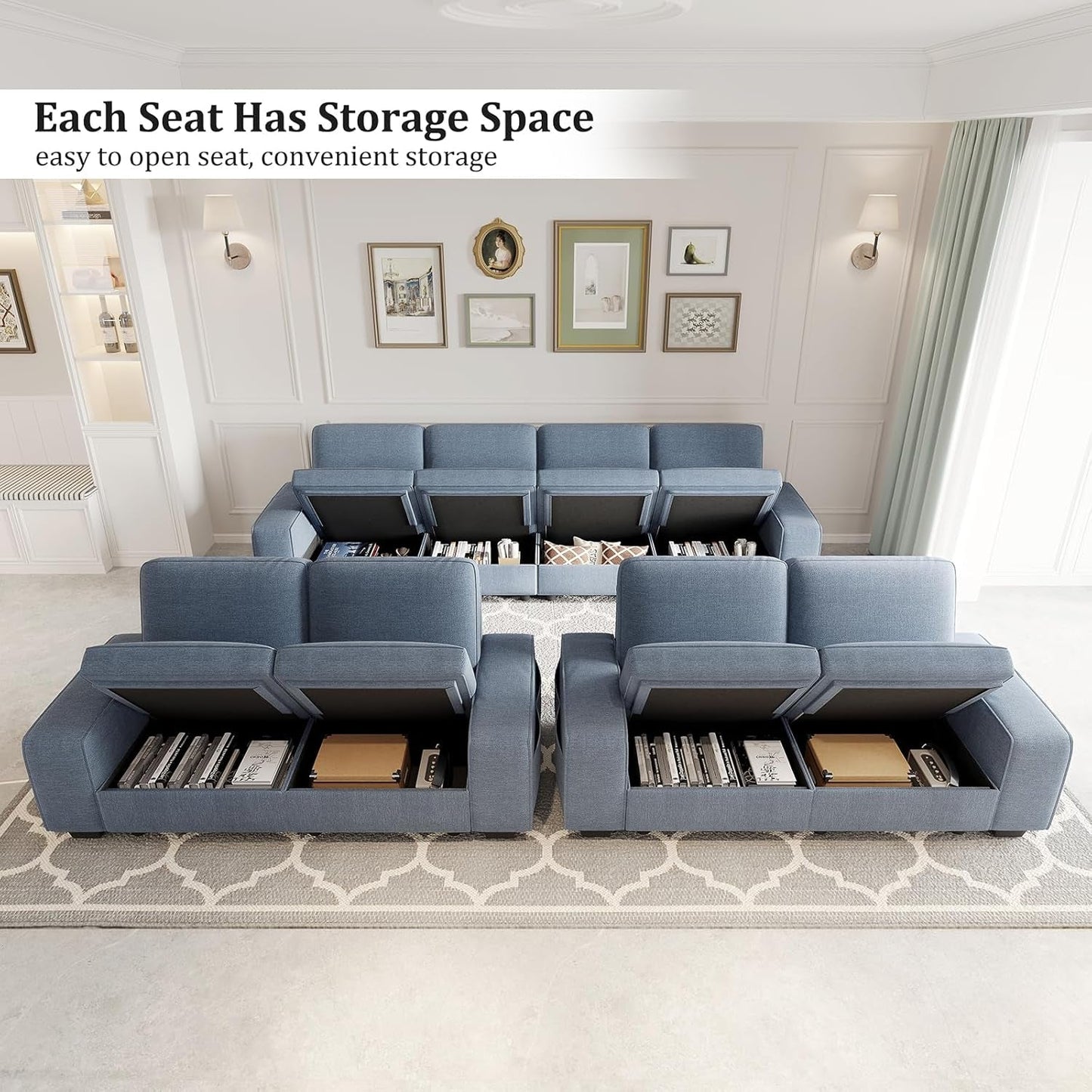 Blue U Shape Sectional Sofa for Living Room/Office 8 Seater Sofa Sets with Large Storage Space Comfy Chenille Cover (4-Seat Modular Sofa & 2×Loveseat Couch)-1