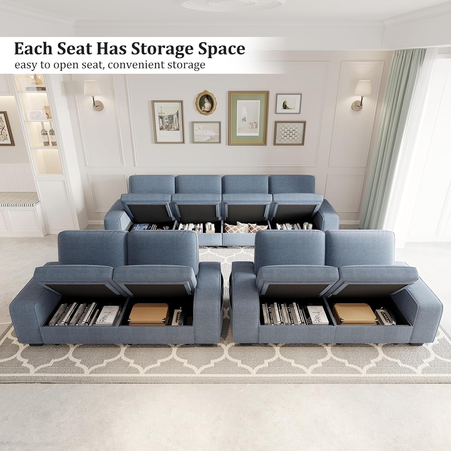 Blue U Shape Sectional Sofa for Living Room/Office 8 Seater Sofa Sets with Large Storage Space Comfy Chenille Cover (4-Seat Modular Sofa & 2×Loveseat Couch)-1