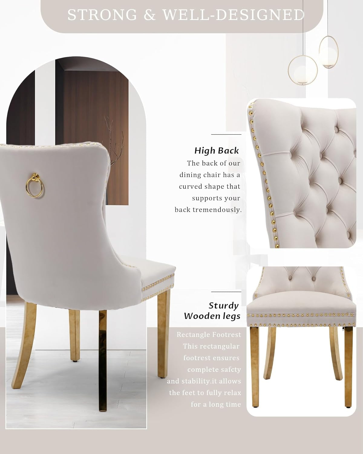 Velvet Dining Chair Set of 2 Upholstered Tufted Dining Room Chair with Nailhead Trim and Stainless Steel Gold Plated Legs for Kitchen, Restaurant, Beige-3