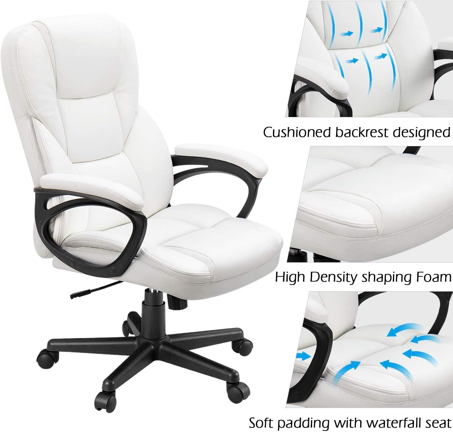 Office Executive Chair High Back Adjustable Managerial Home Desk Chair,Swivel Computer PU Leather Chair with Lumbar Support (White)-3