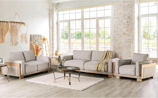 Oran Modern 3-Piece Fabric Upholstered Sofa Set with Track Arms and Reversible Loose Pillow Backs for Living Room, Home Office, Apartment, Light Brown and Natural-1