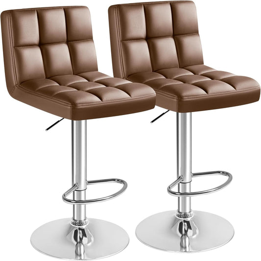 Bar Stools Modern Pu Leather Swivel Adjustable Hydraulic Bar Stool Square Counter Height Stool Set of 2 (Brown)-0