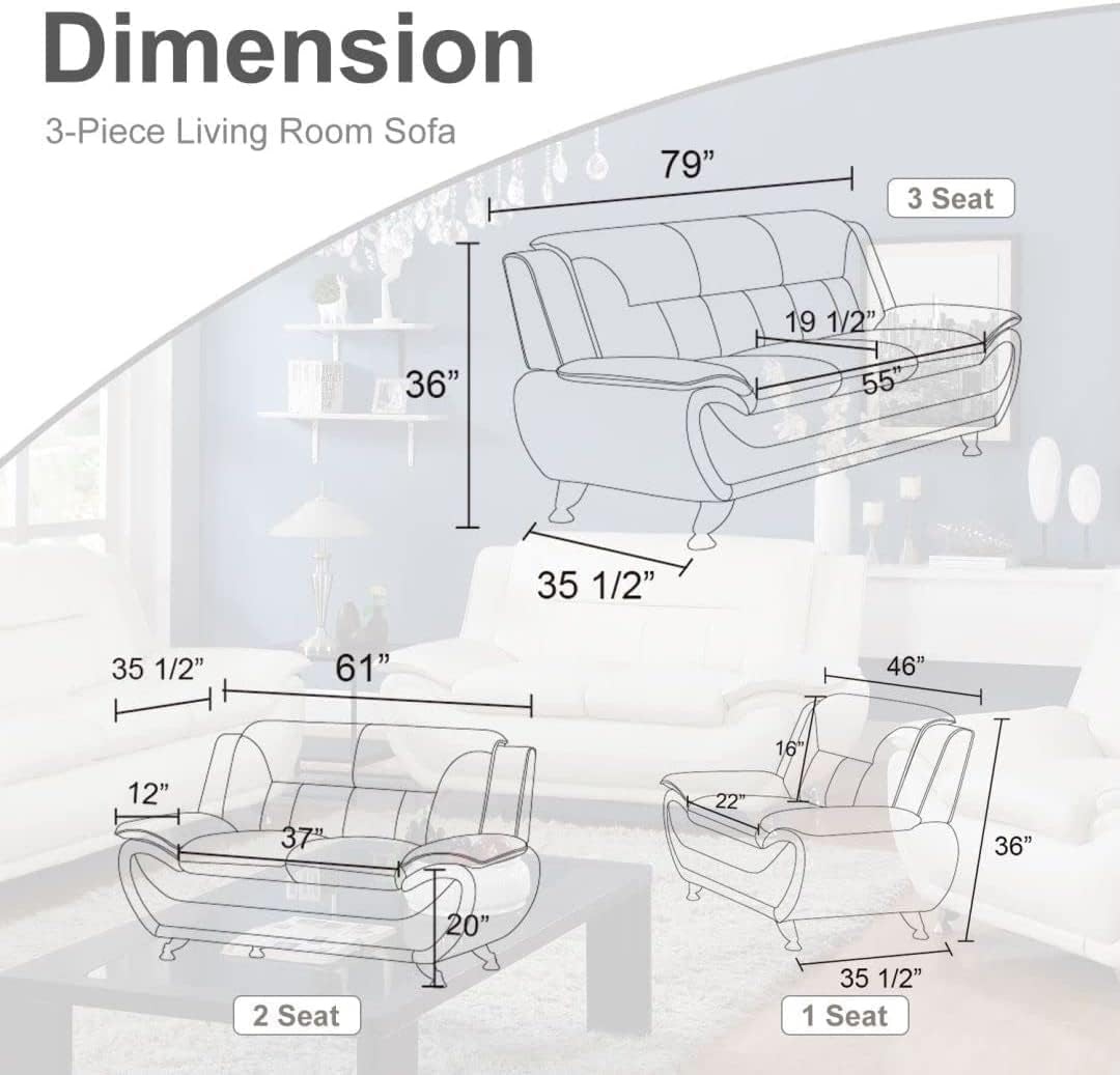3PCS Faux Leather Sofa Set, Living Room Couch Set with Sofa, Loveseat and Chair (Black)-1