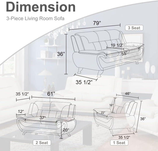 3PCS Faux Leather Sofa Set, Living Room Couch Set with Sofa, Loveseat and Chair (Black)-1