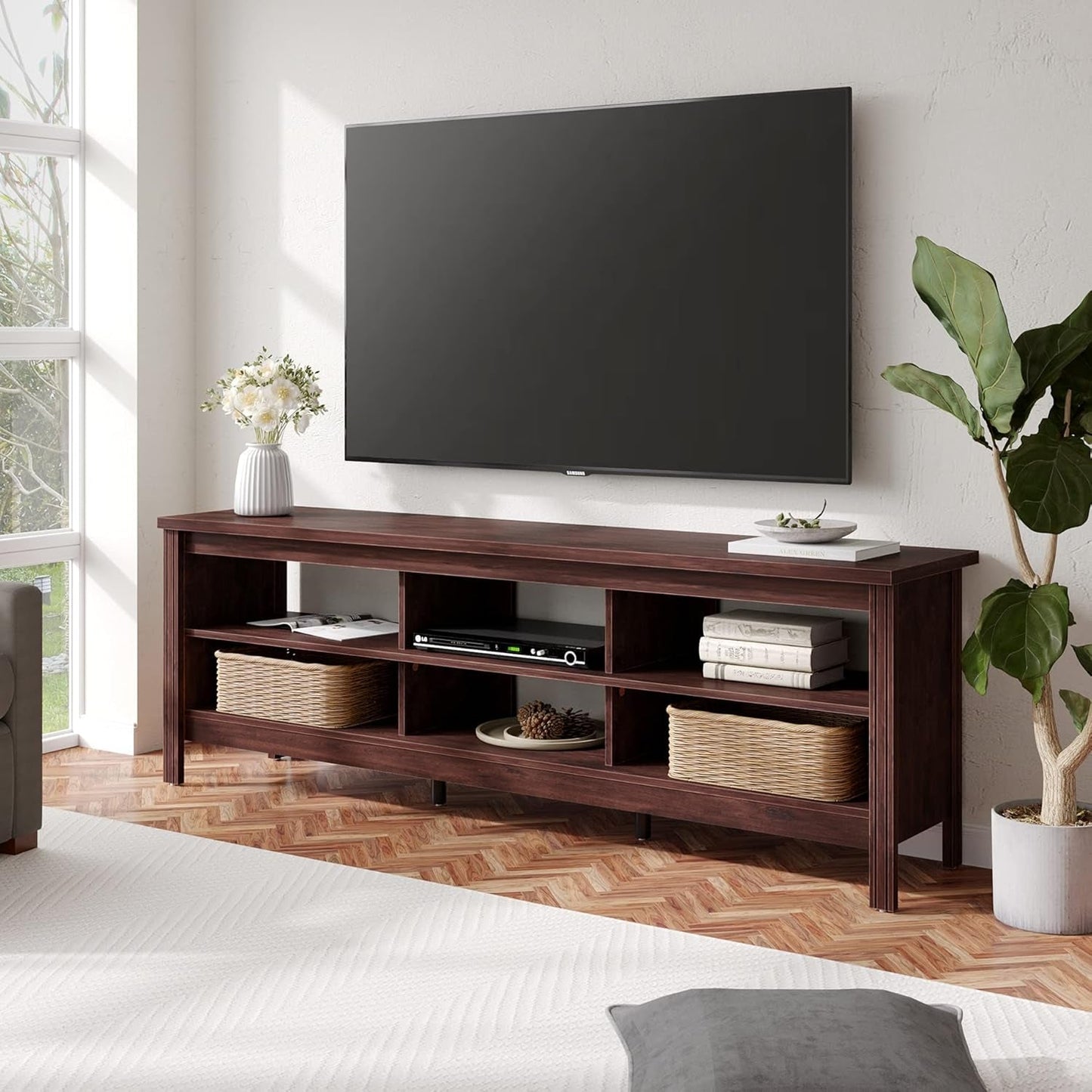 70 Inch TV Stand for 75+ Inch TV, Wood Entertainment Center with 6 Storage Shelf, Classic TV Console Table Media Table for Living Room & Bedroom, Brown-1