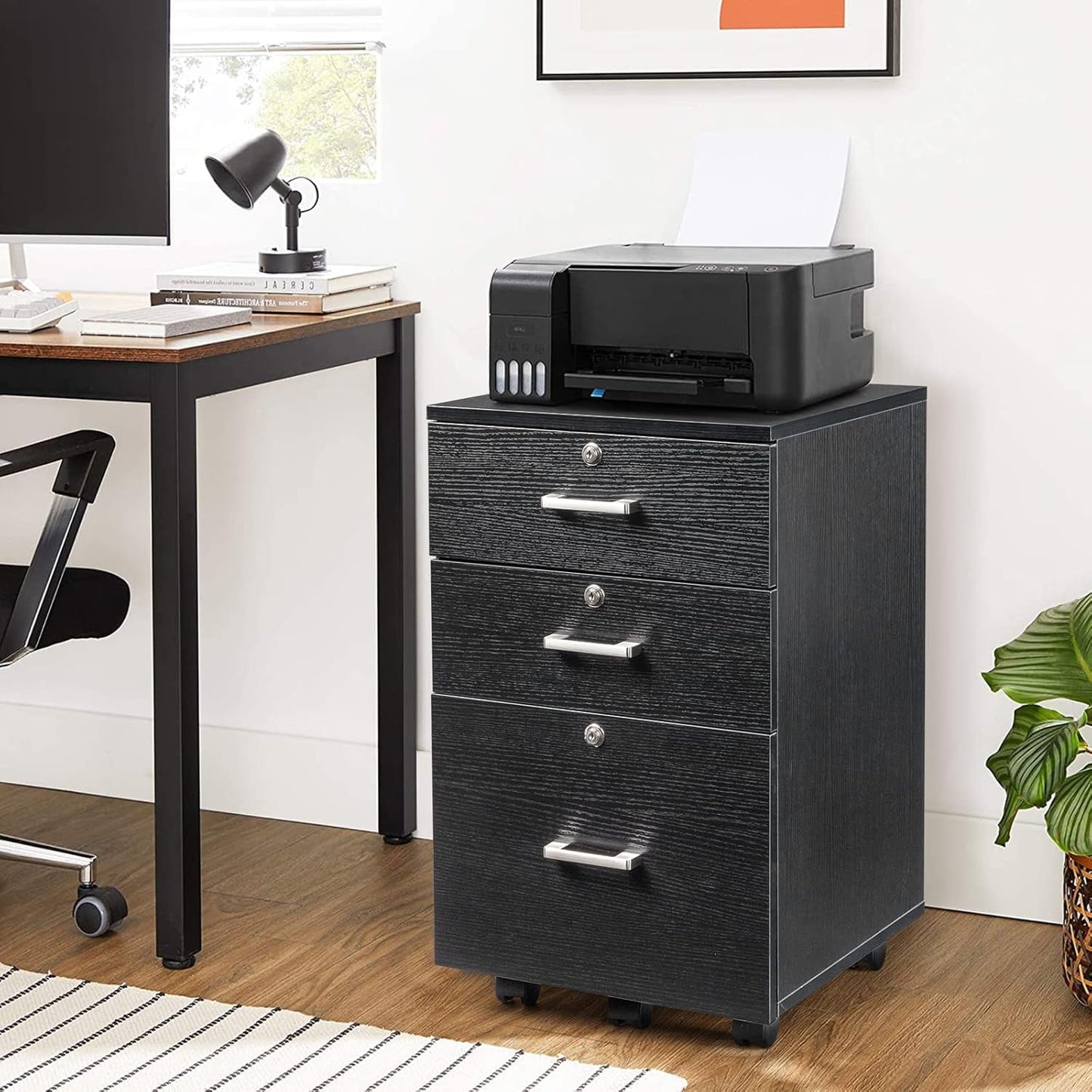 26" H 3 Drawer File Cabinet with Lock, Rolling File Cabinet under Desk, Mobile File Cabinets for Home Office, Wood Black File Cabinet Printer Stand for Letter Size Hanging/Manila File Folders-1