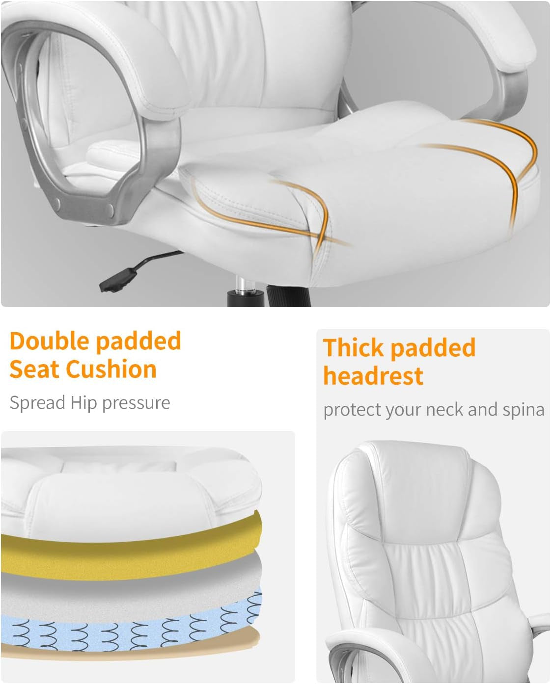 Office Chair Computer High Back Adjustable Ergonomic Desk Chair Executive PU Leather Swivel Task Chair with Armrests Lumbar Support (White)-3