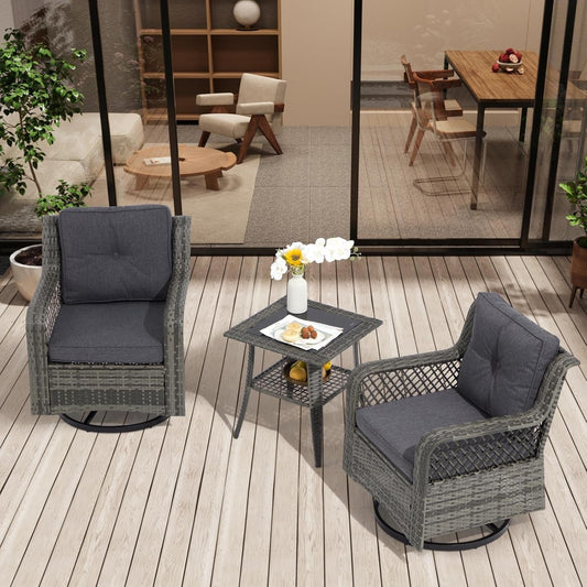 3 Pieces Outdoor Swivel Chair, Wicker Patio Bistro Set with Rocking Chair, Side Table for Garden Porch Backyard(Dark Grey)-0