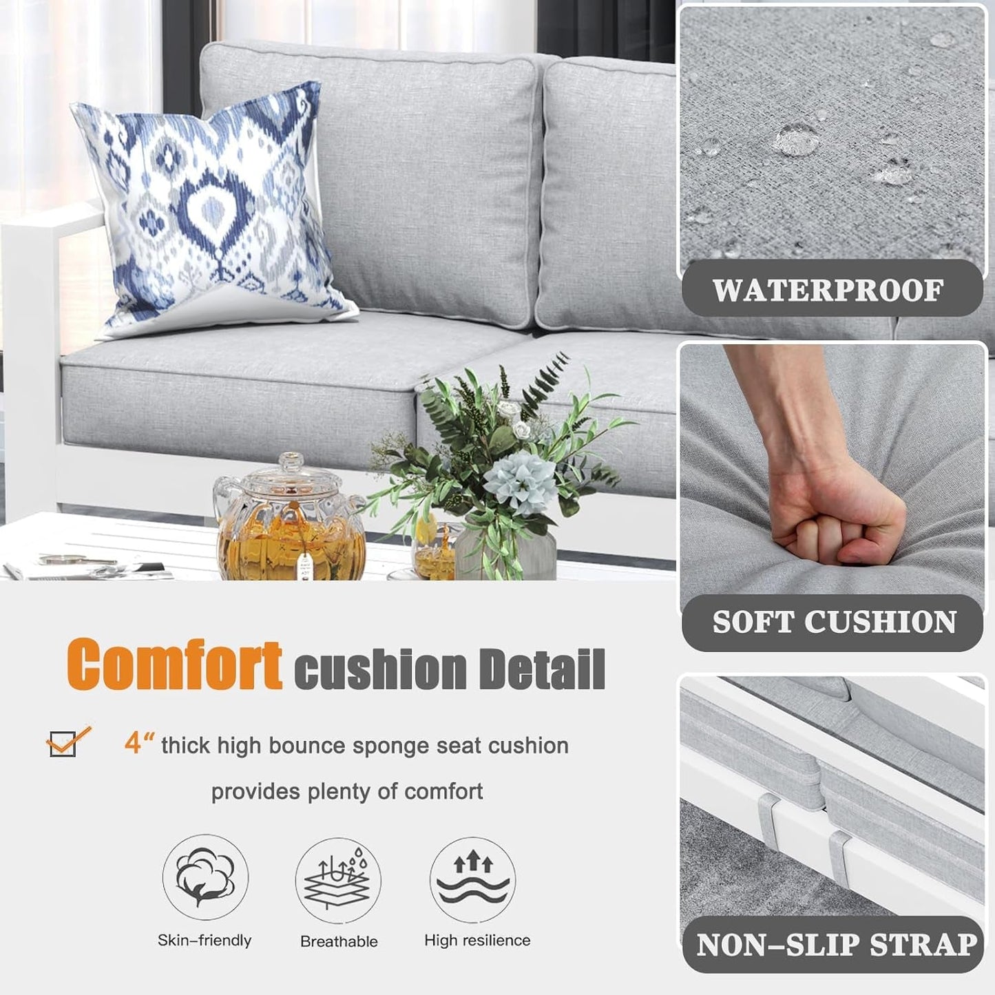 5 Piece Modern Aluminum Patio Furniture Set with Fire Pit Table, Outdoor Patio Sectional Conversation Metal Seating Sets with Olefin Cushion-2