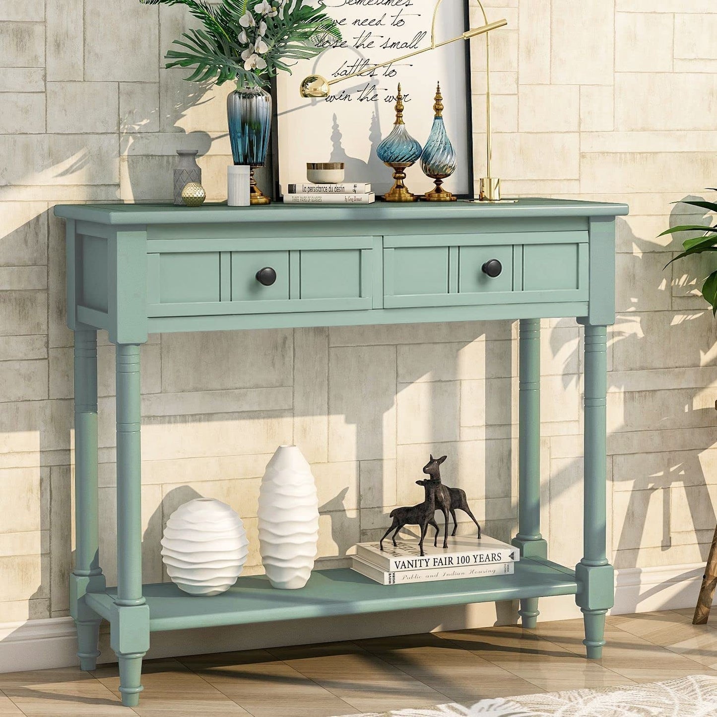 Rustic Green Console Table with Storage Drawers-0