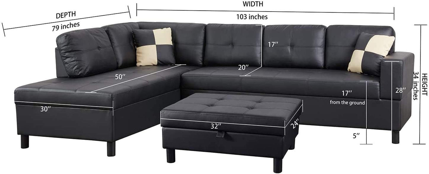 Sectional Sofa, L-Shape Faux Leather Sectional Sofa Couch Set with Chaise, Ottoman, 2 Toss Pillow Using for Living Room Furniture.（Black）-1