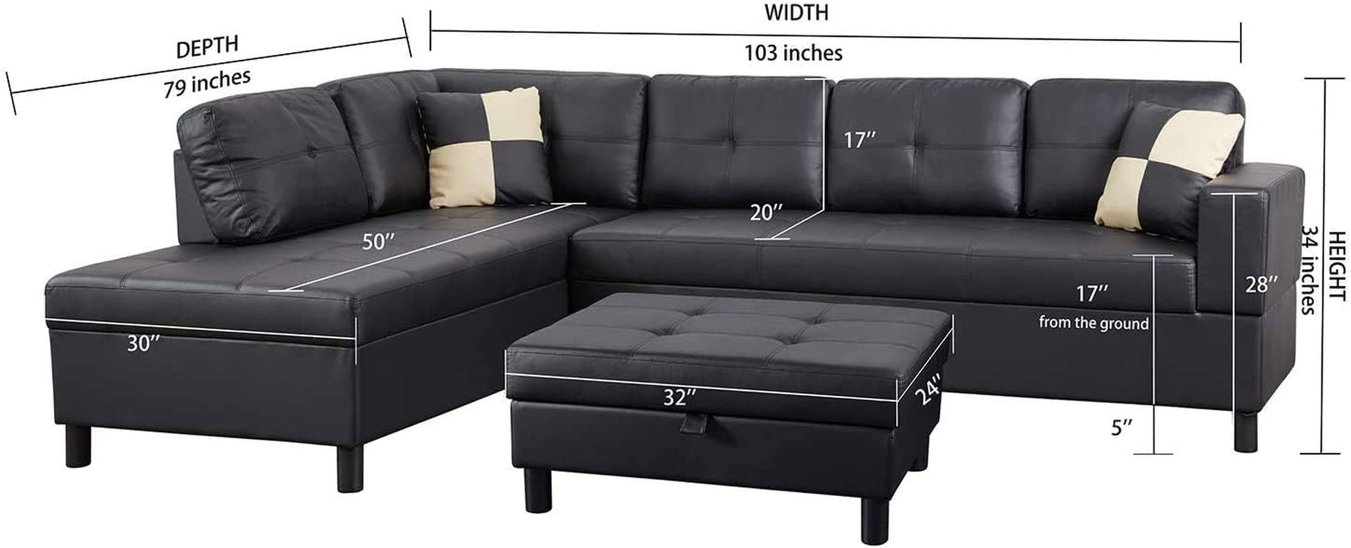 Sectional Sofa, L-Shape Faux Leather Sectional Sofa Couch Set with Chaise, Ottoman, 2 Toss Pillow Using for Living Room Furniture.（Black）-1