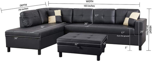 Sectional Sofa, L-Shape Faux Leather Sectional Sofa Couch Set with Chaise, Ottoman, 2 Toss Pillow Using for Living Room Furniture.（Black）-1