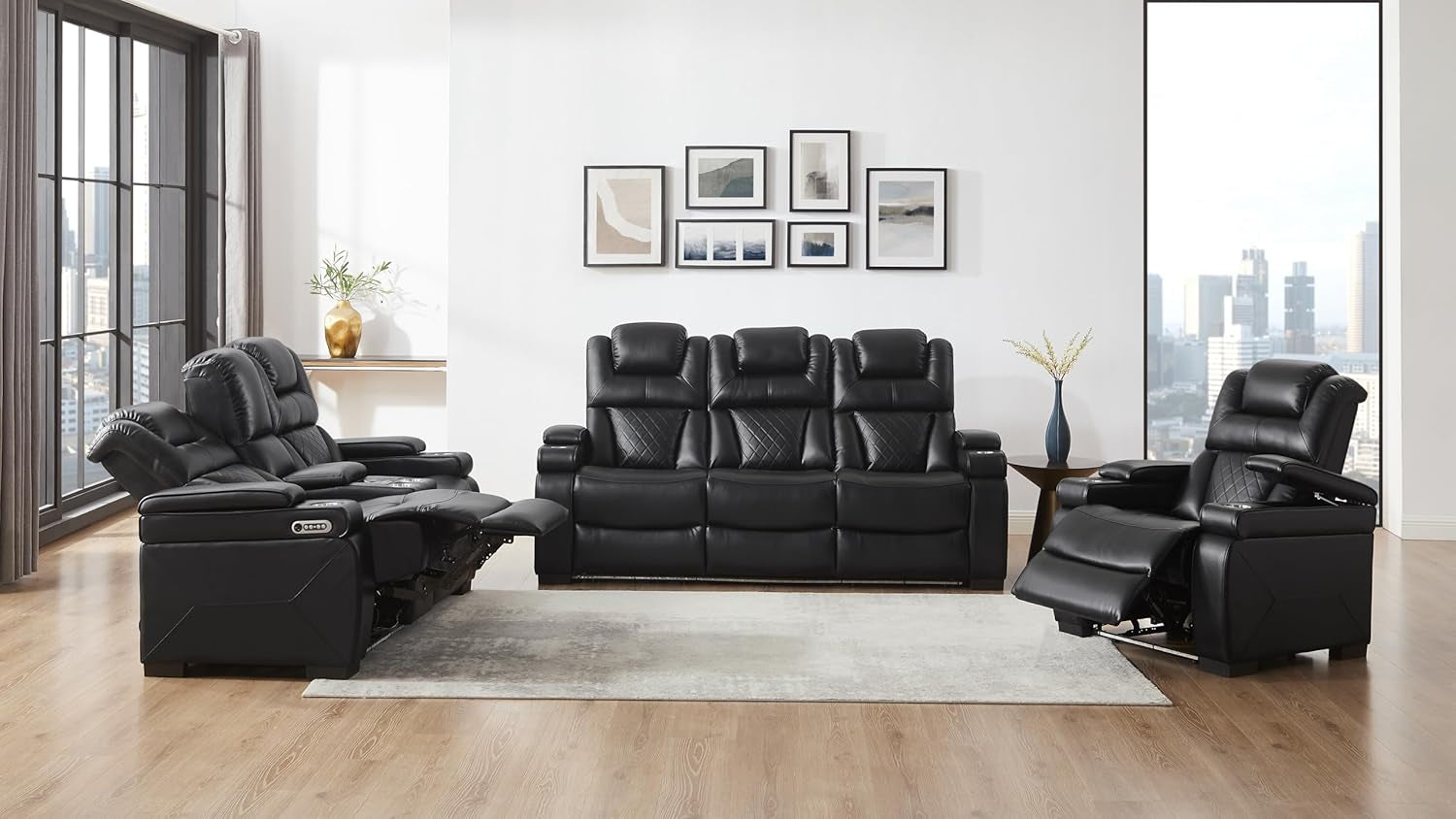 Power Breathable Leather Reclining Sofa Set with LED Light, Home Theater Seating Recliner Couch with Adjustable Headrest/Reading Light/Usb Port/Wireless Charing/Bluetooth Speaker, Black-2