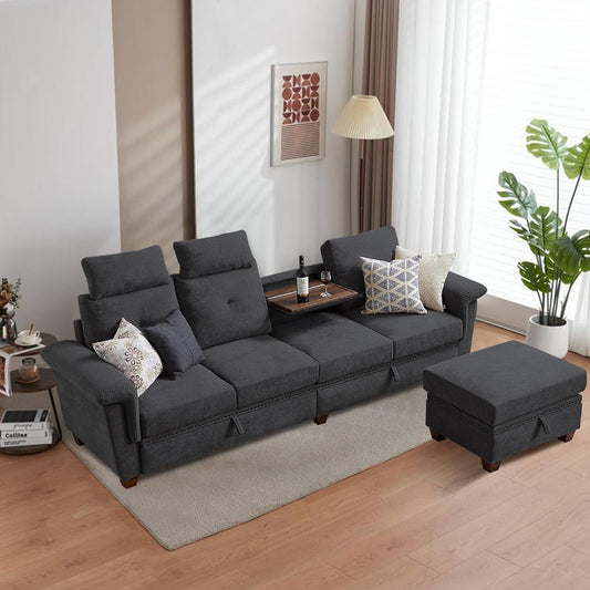 Sectional Sofa Couches for Living Room, Convertible L Shaped Couch Modular 4 Seat Sofas with Storage Chaise & Cup Holders, Microfiber Fabric, for Apartment, Office (Dark Grey)-0