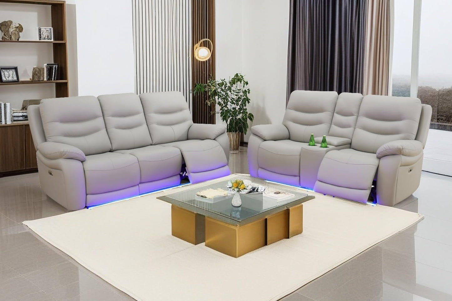 LED Power Recliner Sofa for Living Room Furniture Set, Leather Sectional Sofa Set, Reclining Sofa and Loveseat with USB Port/Storage Console/Cup Holders(Grey Sofa+Loveseat)-0